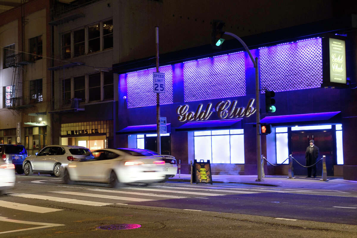 Cars drive past the Gold Club in San Francisco on February 28, 2023. 
