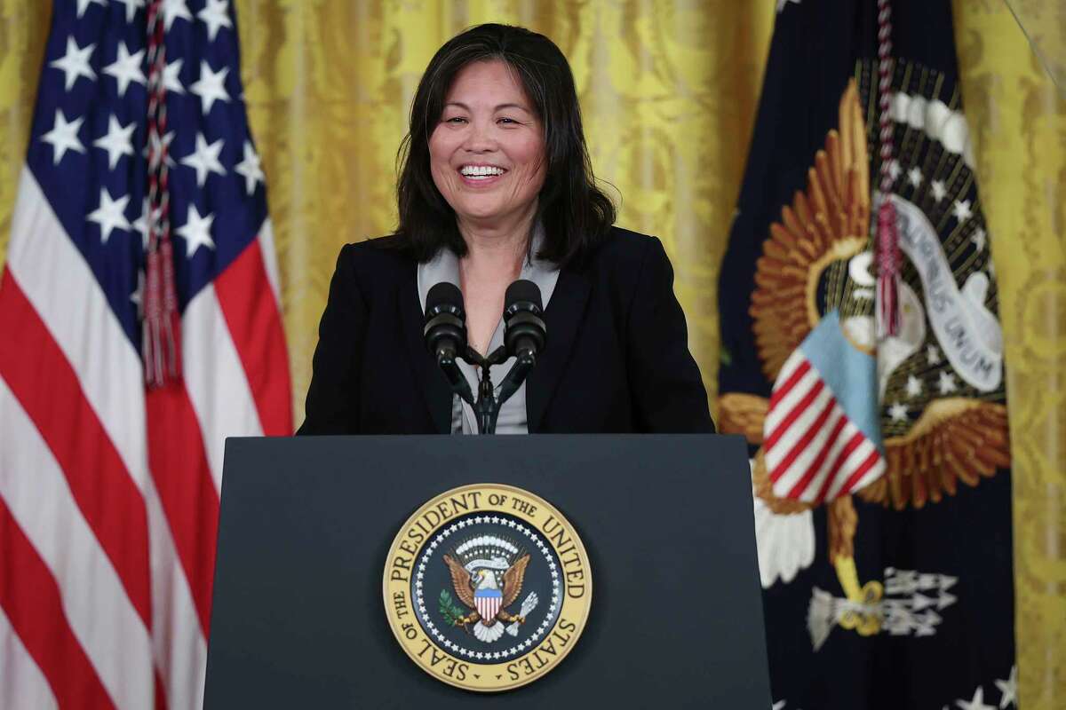 Julie Su speaks at the White House on Wednesday, March 1, after President Biden nominated her to become the next labor secretary. 