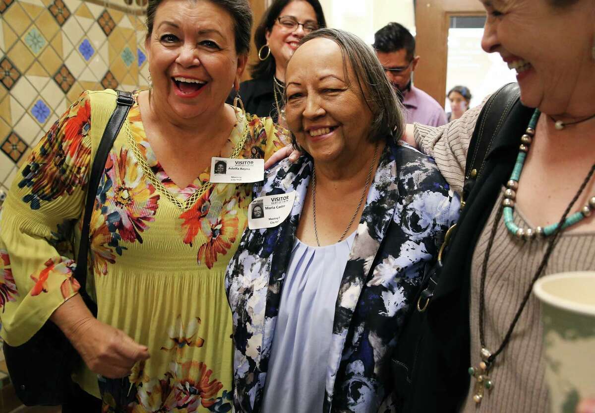 Rosie Castro (center) gets congratulated by supporters after City Council votes to appoint her as the interim District 7 councilperson to replace Ana Sandoval on Wednesday, Mar. 1, 2023. Castro will be officially sworn in to office on Thursday - a position she will hold for at least the next three months.