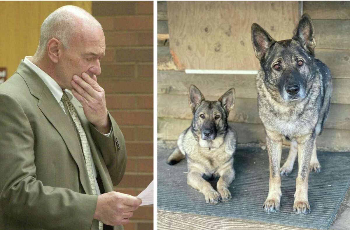 Left: Michael Konschak reads a statement during an appearance in Danbury Superior Court on Wednesday morning. Right: German Shepherds Cimo and Lieben were killed after escaping from their Ridgefield yard in November.