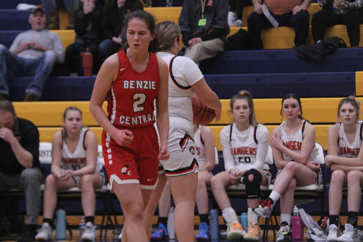 Benzie Central senior forward Gloria Stepanovich celebrates after forcing a Manton turnover in the district semifinals on March 1. 