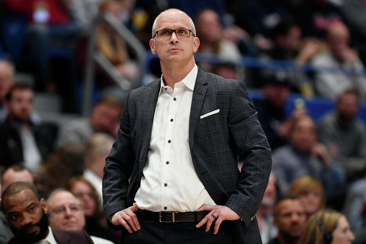UConn head coach Dan Hurley watches play in the second half of an NCAA college basketball game against DePaul, Wednesday, March 1, 2023, in Hartford, Conn. (AP Photo/Jessica Hill)