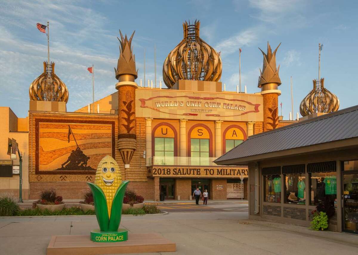 The world's only Corn Palace in Mitchell, South Dakota While it might not be one of the buzziest tourist traps, the tiny town of Mitchell, South Dakota, draws over 500,000 annual visitors thanks to its local Corn Palace. Built in 1892, the palace is made entirely of corn and corn husks. It hosts a yearly festival to celebrate the state's main crop each August.