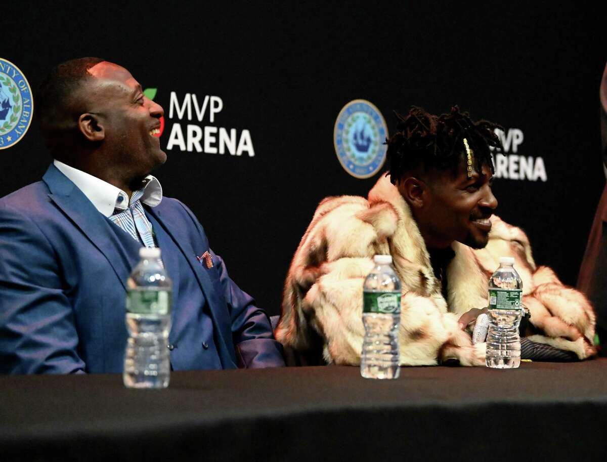 Former Albany Firebirds player Eddie Brown, left, and son Famed NFL wide receiver Antonio Brown, right, are welcomed to the Albany Empire National Arena League team's ownership group on Thursday, March 2, 2023, during a press conference at MVP Arena in Albany, N.Y.