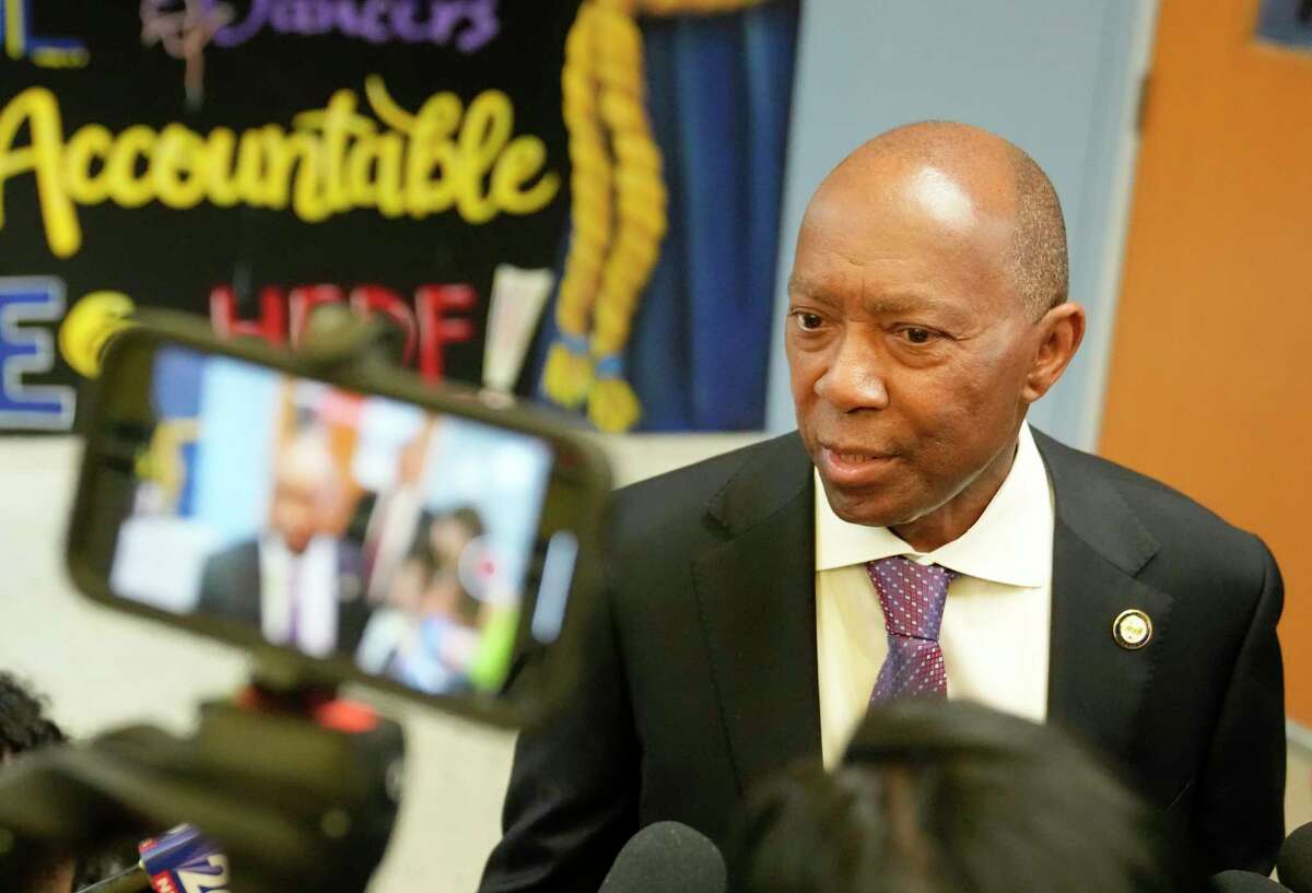 Houston Mayor Sylvester Turner speaks to the media after he and Houston ISD Superintendent Millard House II read to kindergartners at Bruce Elementary School, 510 Jensen Dr., Thursday, March 2, 2023, in Houston. The HISD superintendent and Mayor Turner both read to the students as part of the Literacy Now's 3rd Annual Houston Reads Day.