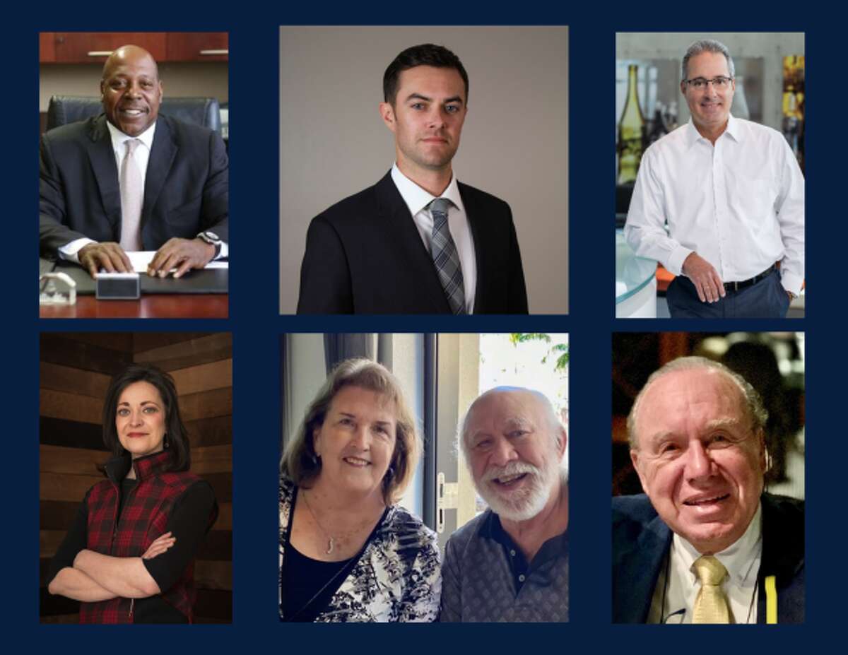 2023 Outstanding Business Leader Award recipients Pictured top, from left: Vinnie Johnson, Grant Baidas and Andres Lopez. Pictured lower left, Gina Thorsen, Mike and Dianne Morey; and lower right, Fred Bunting.
