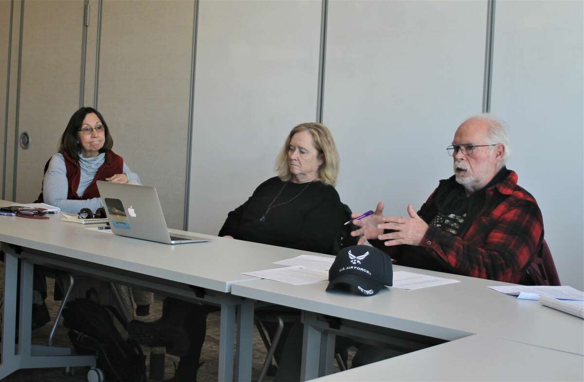 City of Manistee Housing Commission members Karen Goodman (left), Gini Pelton and James Smith take part in a meeting Feb. 28 at the West Shore Community College Manistee Downtown Education Center.