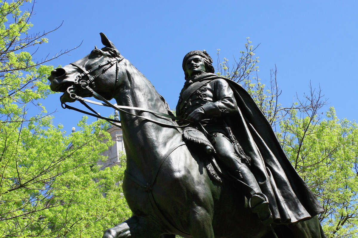 A monument to Casimir Pulaski stands on Freedom Plaza at 13th Street and Pennsylvania Avenue in Washington, D.C.