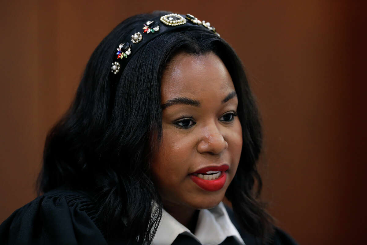 Judge Katherine Thomas, the youngest District judge in the state of Texas, presides over cases from her bench in 184th District courtroom in the Harris Co. Criminal Courthouse Friday, Feb. 24, 2023 in Houston.