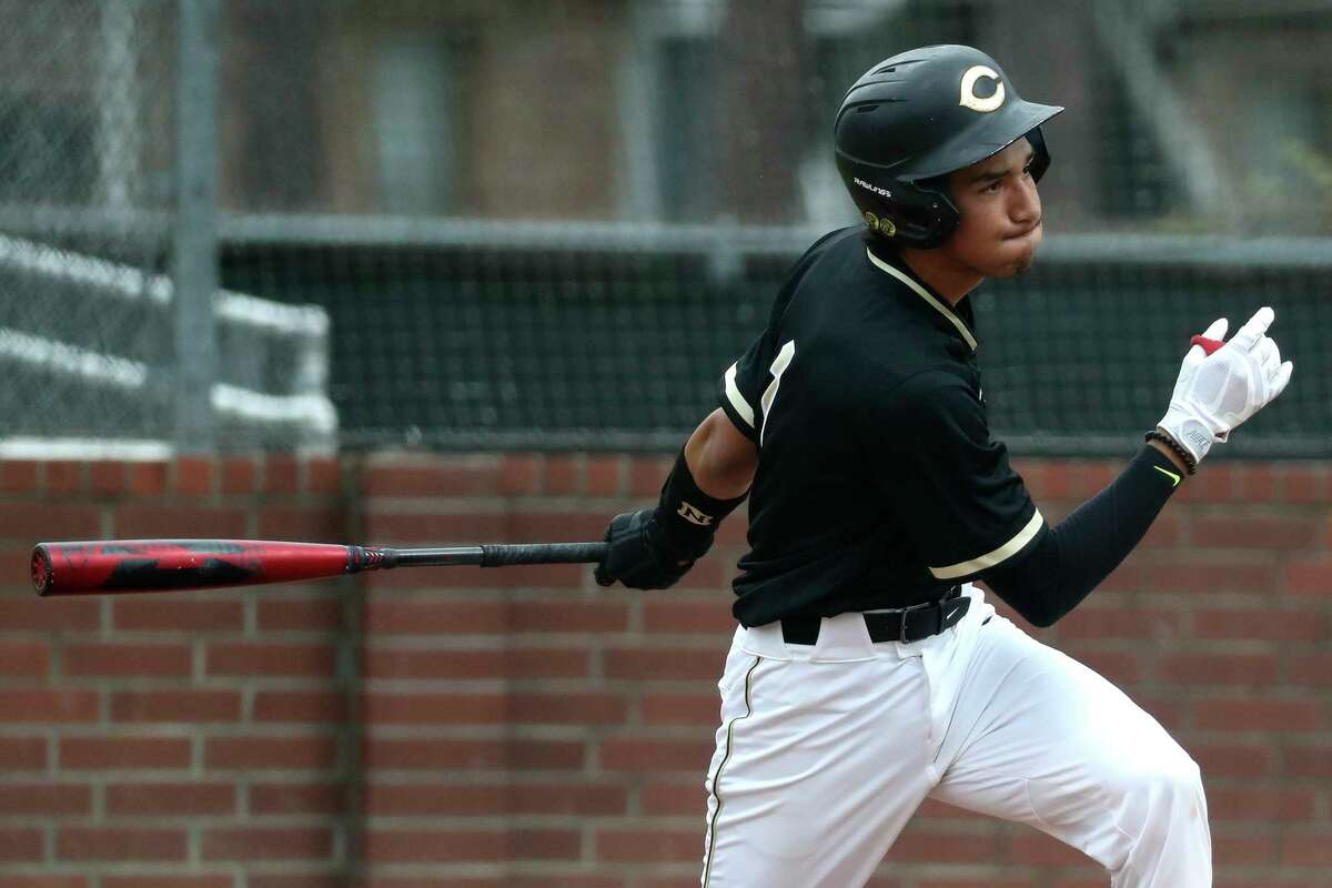 Eli Medina #1 of Conroe hits a single in the first inning of a high school baseball game during the Ferrell Classic at Conroe High School, Thursday, March 2, 2023, in Conroe.