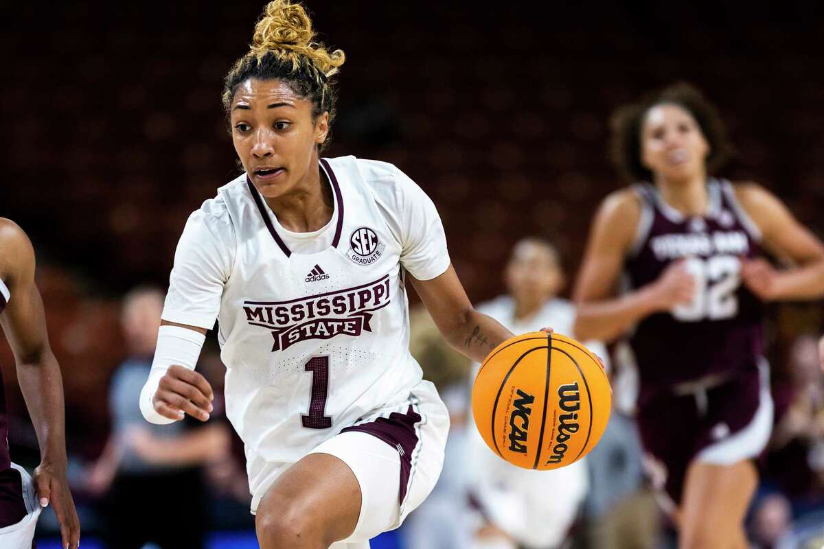 Mississippi State's Ahlana Smith (1) drives the ball to the basket against Texas A&M in the first half of an NCAA college basketball game during the Southeastern Conference women's tournament in Greenville, S.C., Thursday, March 2, 2023. (AP Photo/Mic Smith)
