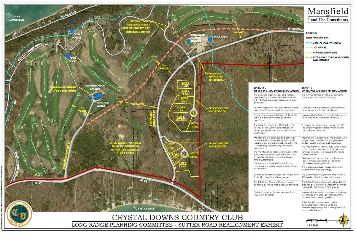The Crystal Downs Country Club has proposed moving a portion of Sutter Road to unify club property the road intersects. 