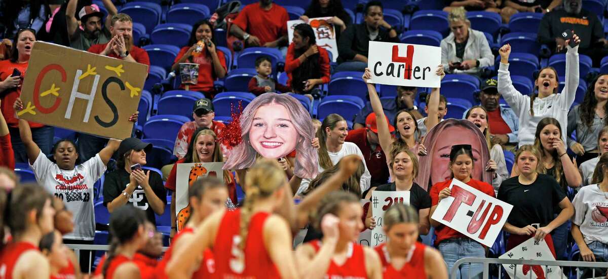 Columbus fans cheer their team during introduction in UIL Class 3A state semifinal game where Holliday defeated Columbus 59-40 on Thursday, March 2, 2023 at the Alamodome.