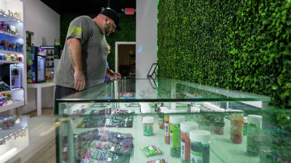 Army Veteran, Ty Cobb, shops for CBD gummies which he says helps reduce his anxiety at Rock and Roll It Vape Shop on Saturday February 25,2023 in Houston, TX. â€œ Edibles enable me to process and understand my emotions and high levels of anxiety. I have a better quality of life and am not so uptight and intense.â€  He said.