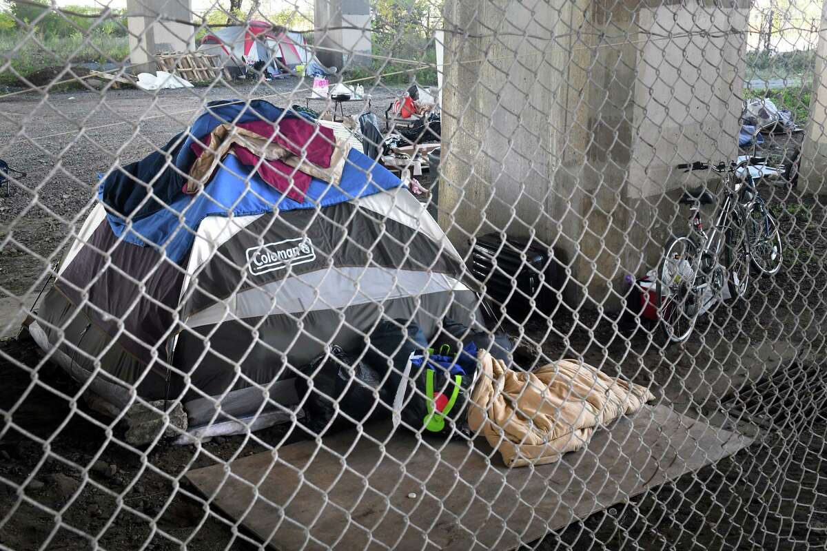 A homeless camp set up under I-95 in Bridgeport last year.