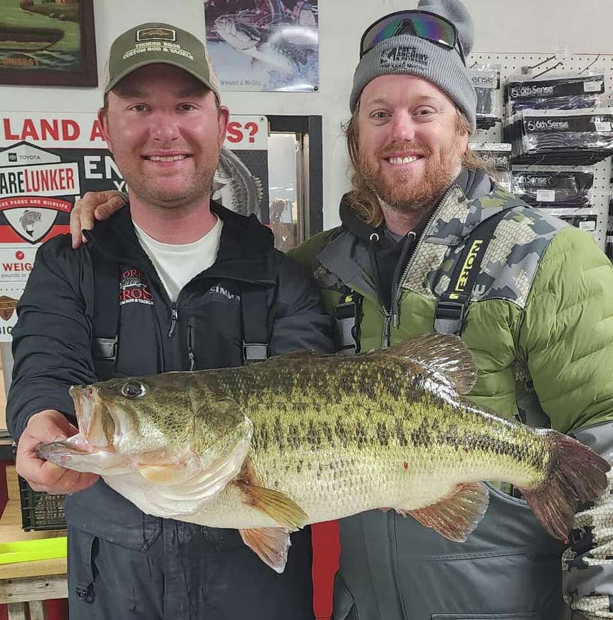 TPWD fisheries biologists discovered a PIT tag inside the 13.89 pounder that Nolan Sprengeler (left) caught on February 24 at Lake O.H. Ivie. 