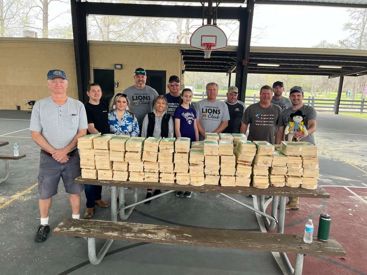 Camp Craft Kits - During the Conroe Noon Lions Club - Service Saturday last week a group of club members sawed, drilled, sanded and assembled 100+ tool box kits to be used as craft projects this summer at the Texas Lions Camp in Kerrville, Texas.