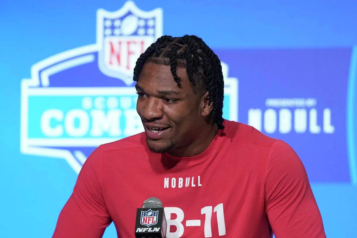 Florida quarterback Anthony Richardson speaks during a news conference at the NFL football scouting combine in Indianapolis, Friday, March 3, 2023. (AP Photo/Darron Cummings)