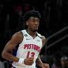 Detroit Pistons center James Wiseman plays during the first half of an NBA basketball game, Wednesday, March 1, 2023, in Detroit. (AP Photo/Carlos Osorio)