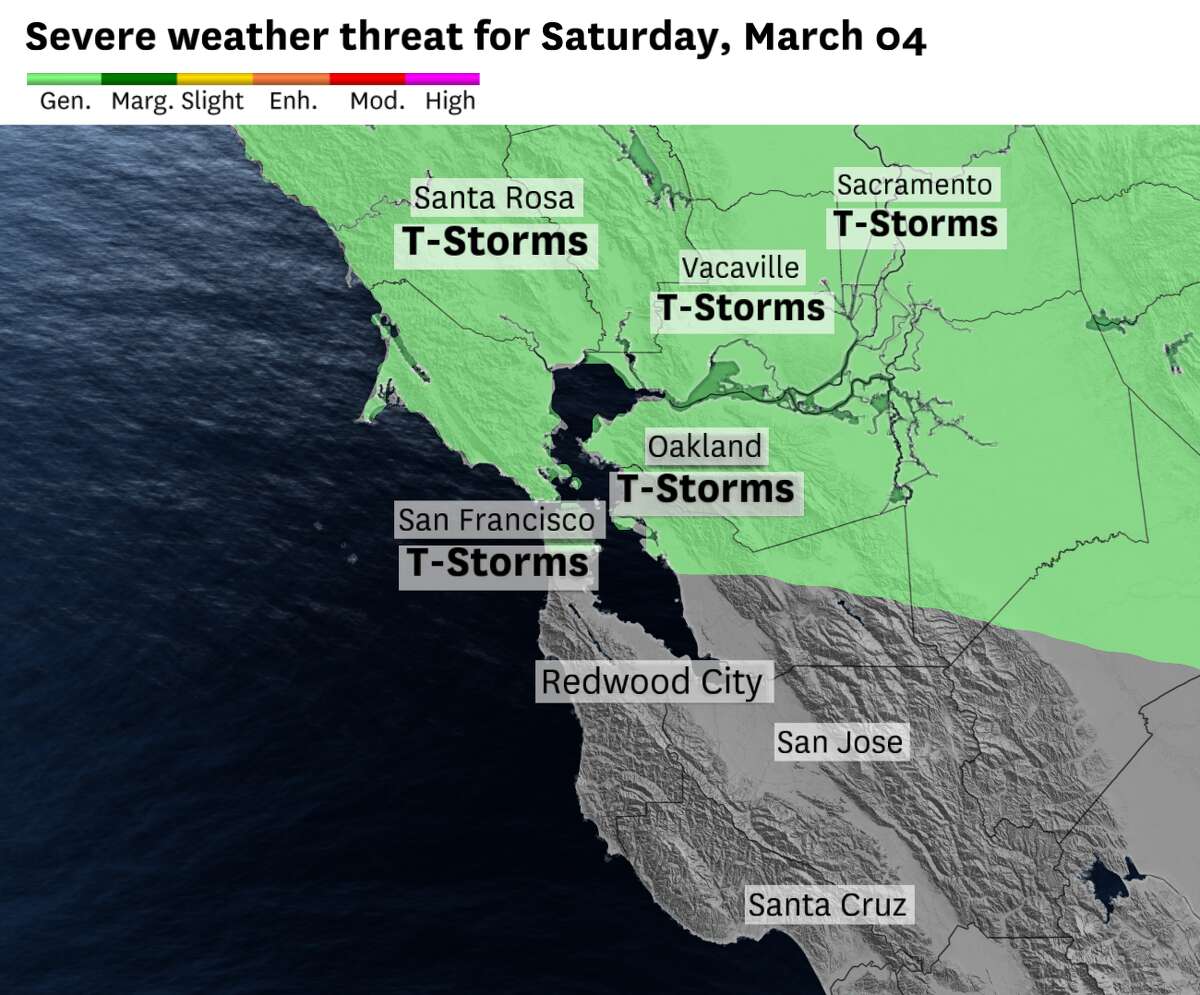 The Storm Prediction Center expects a slight risk for thunderstorms across most of Northern California, with the North Bay likely to be in the bull’s-eye for today’s risk.
