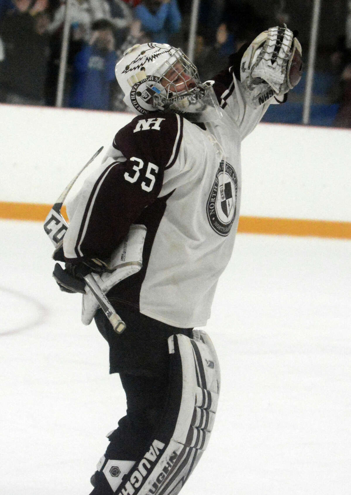 North Haven goaltender Bryce Petersen celebrates after the horn sounded during Friday's SCC-SWC Division 2 championship game at Bennett Rink.