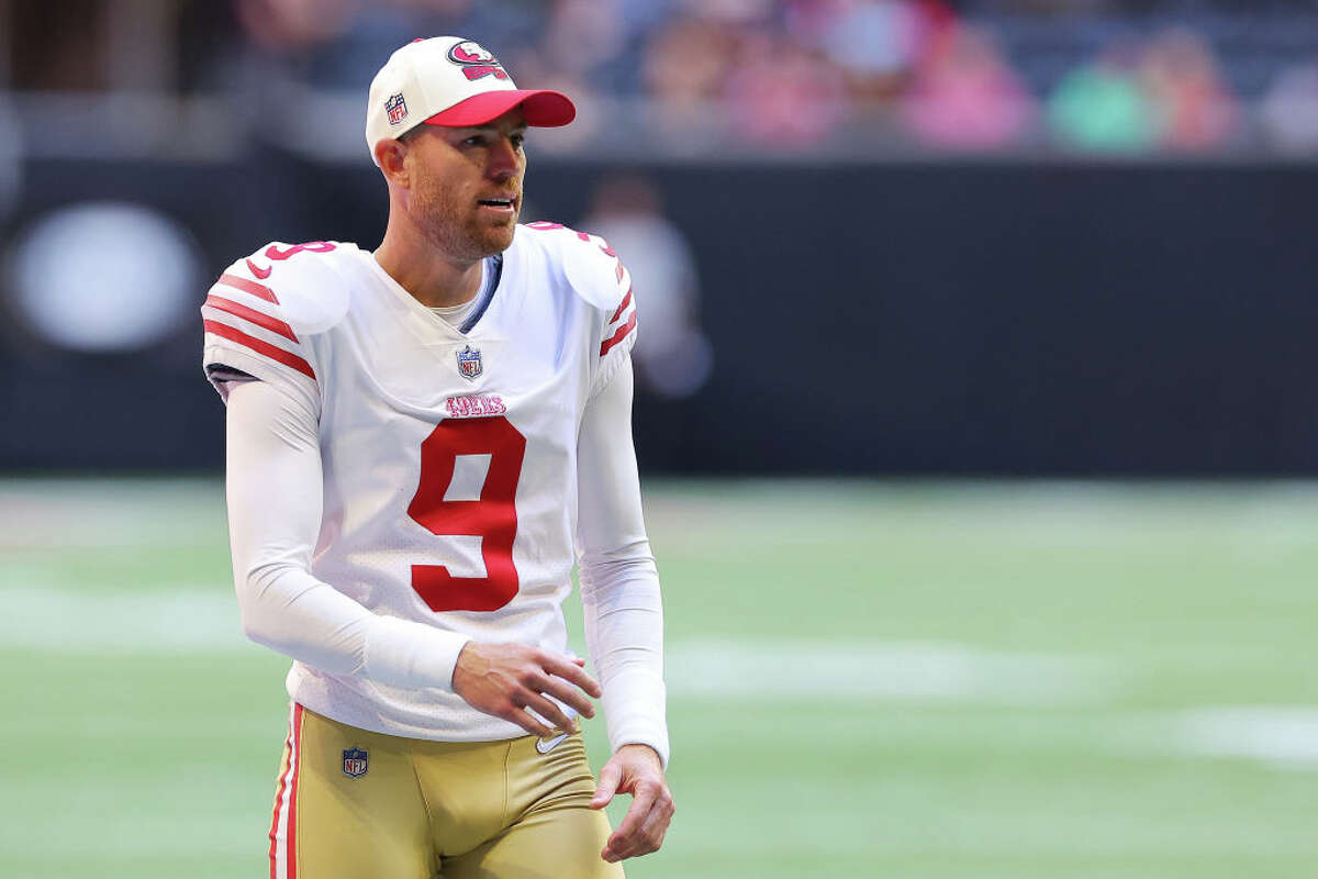Robbie Gould of the San Francisco 49ers looks on during the first quarter against the Atlanta Falcons at Mercedes-Benz Stadium on Oct. 16, 2022, in Atlanta. The kicker is reportedly leaving the 49ers in free agency.