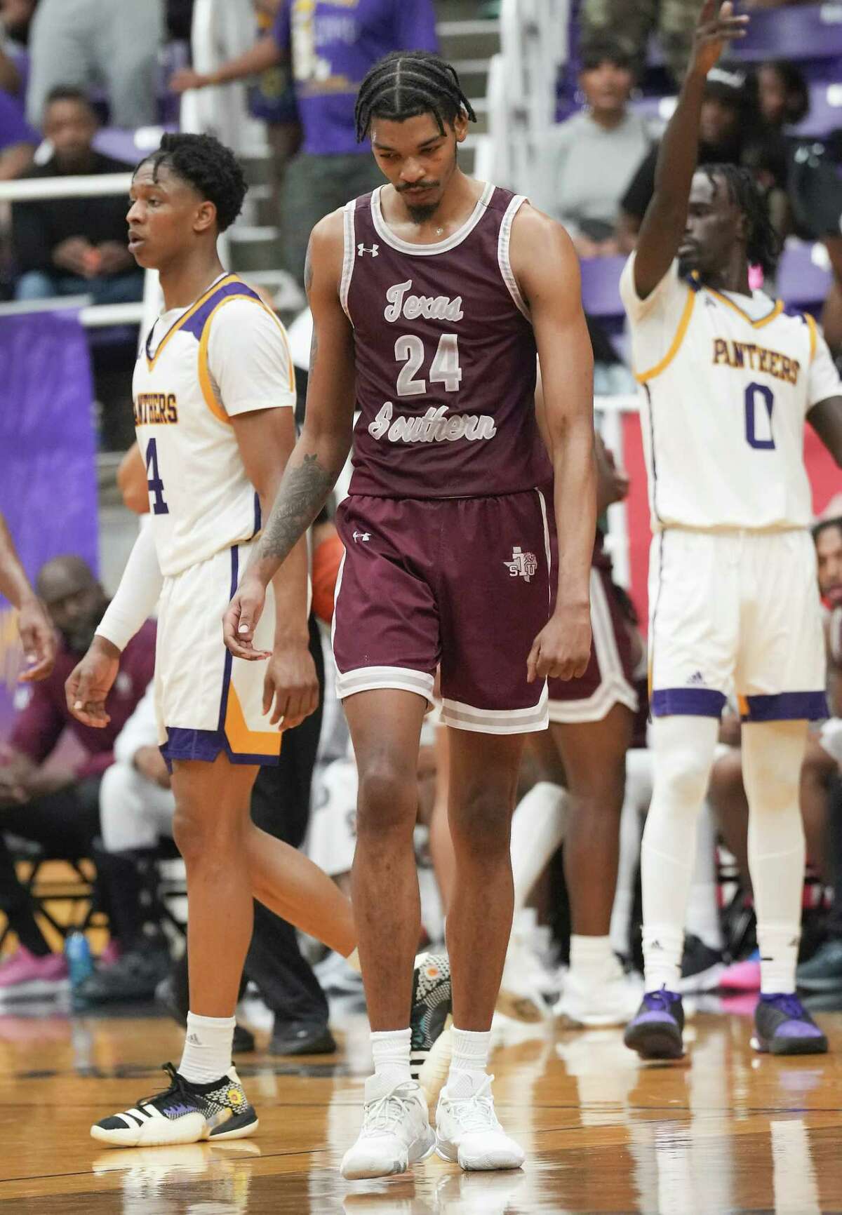 Texas Southern forward John Walker III (24) walks back up court after a turnover in the final seconds of game action against Prairie View A&M on Saturday, March 4, 2023. Prairie View A&M beat Texas Southern 78-74.