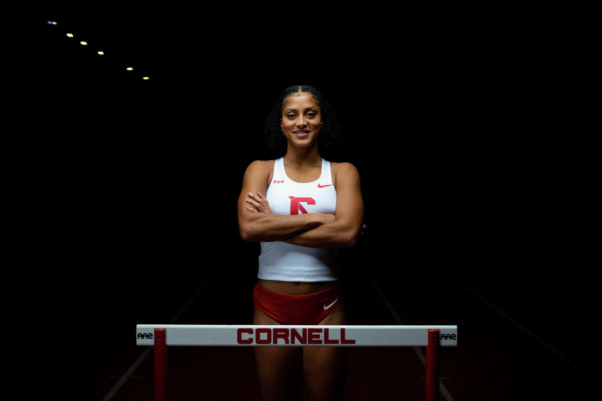 Ama Boham, senior, Cornell University Track and Field, won the 60-meter hurdles at the Ivy League Championships at Dartmouth. (Eldon Lindsay/Cornell Athletics)