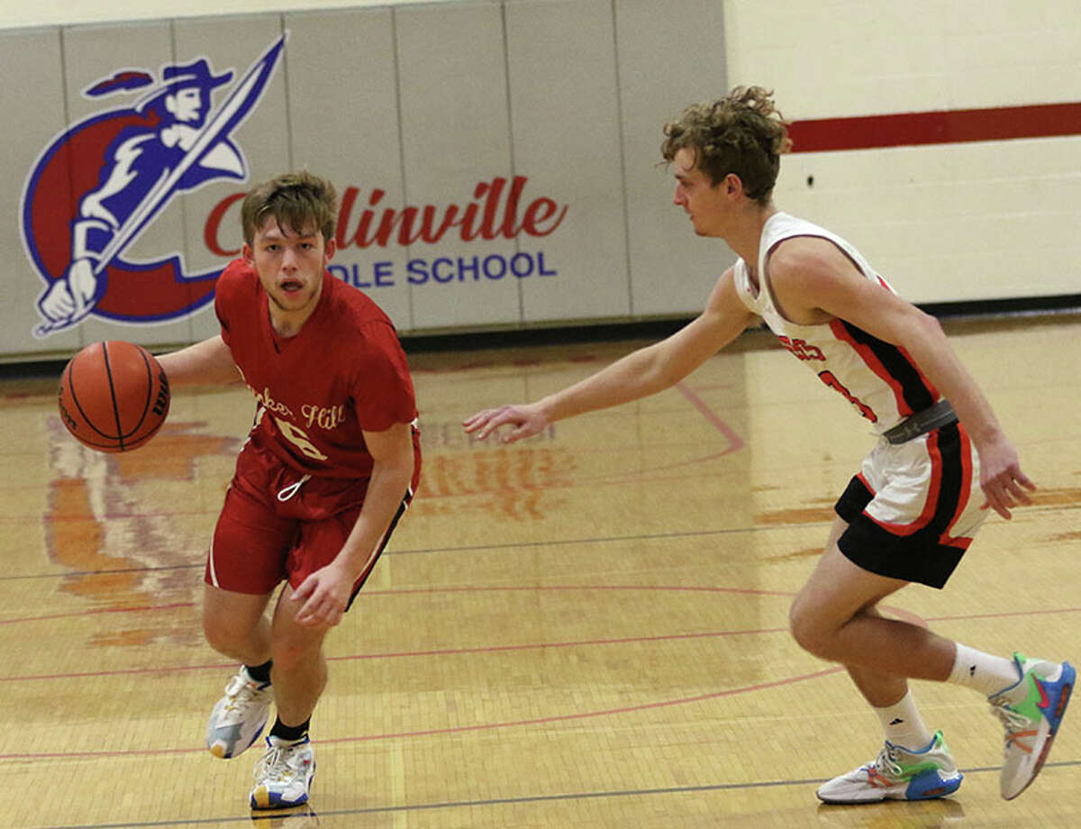 Bunker Hill's Grant Burch (left), shown driving on a Gillespie defender in a December game at the Carlinville Tourney, will be back at Carlinville on March 26 to play in the 19th annual Carlinville Rotary Club All-Star Basketball Classic.
