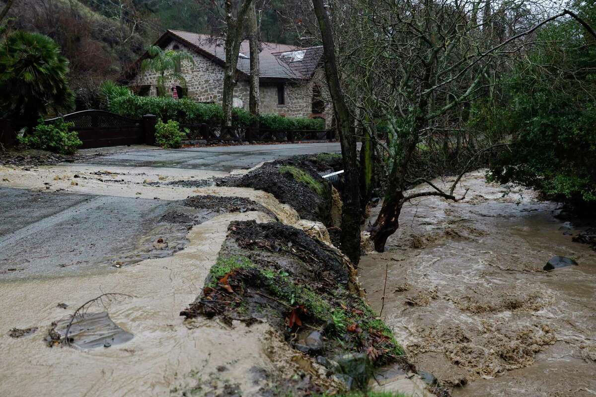 Water gushes down a hill into Sinbad Creek in Sunol in January as rainstorms caused atmospheric rivers across the Bay Area. 