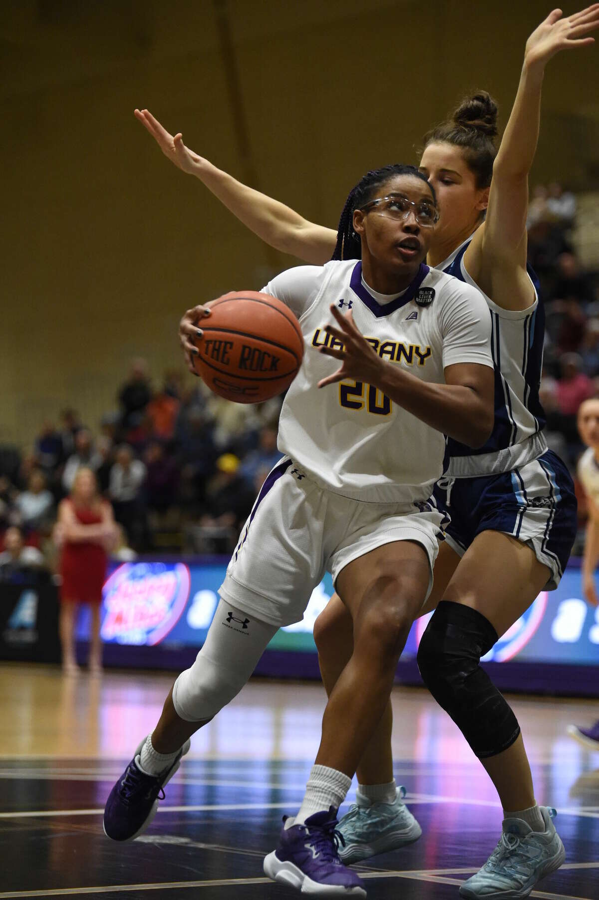 UAlbany junior guard Kayla Cooper, shown earlier this season, had 18 points and 11 rebounds in a loss to UMass in the WNIT on Friday, March 17, 2023.
