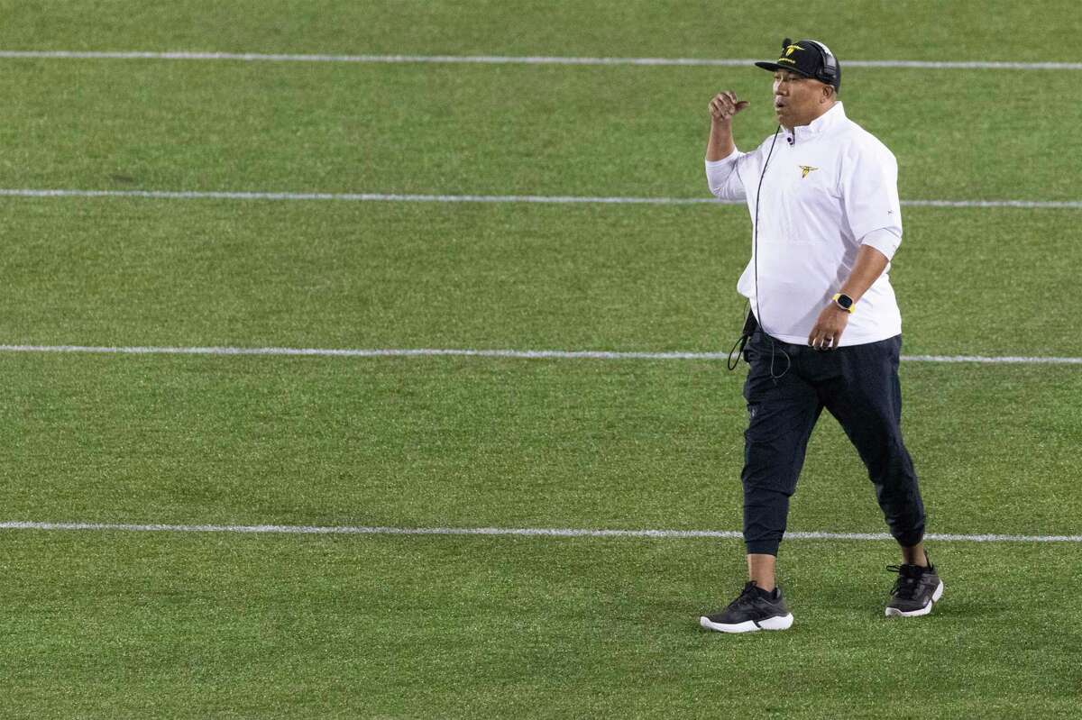 San Antonio Brahmas head coach Hines Ward coaches against Houston Roughnecks in the fourth quarter of a XFL football game at TDECU Stadium on March 5, 2023 in Houston, TX. Houston won 22 to 13.