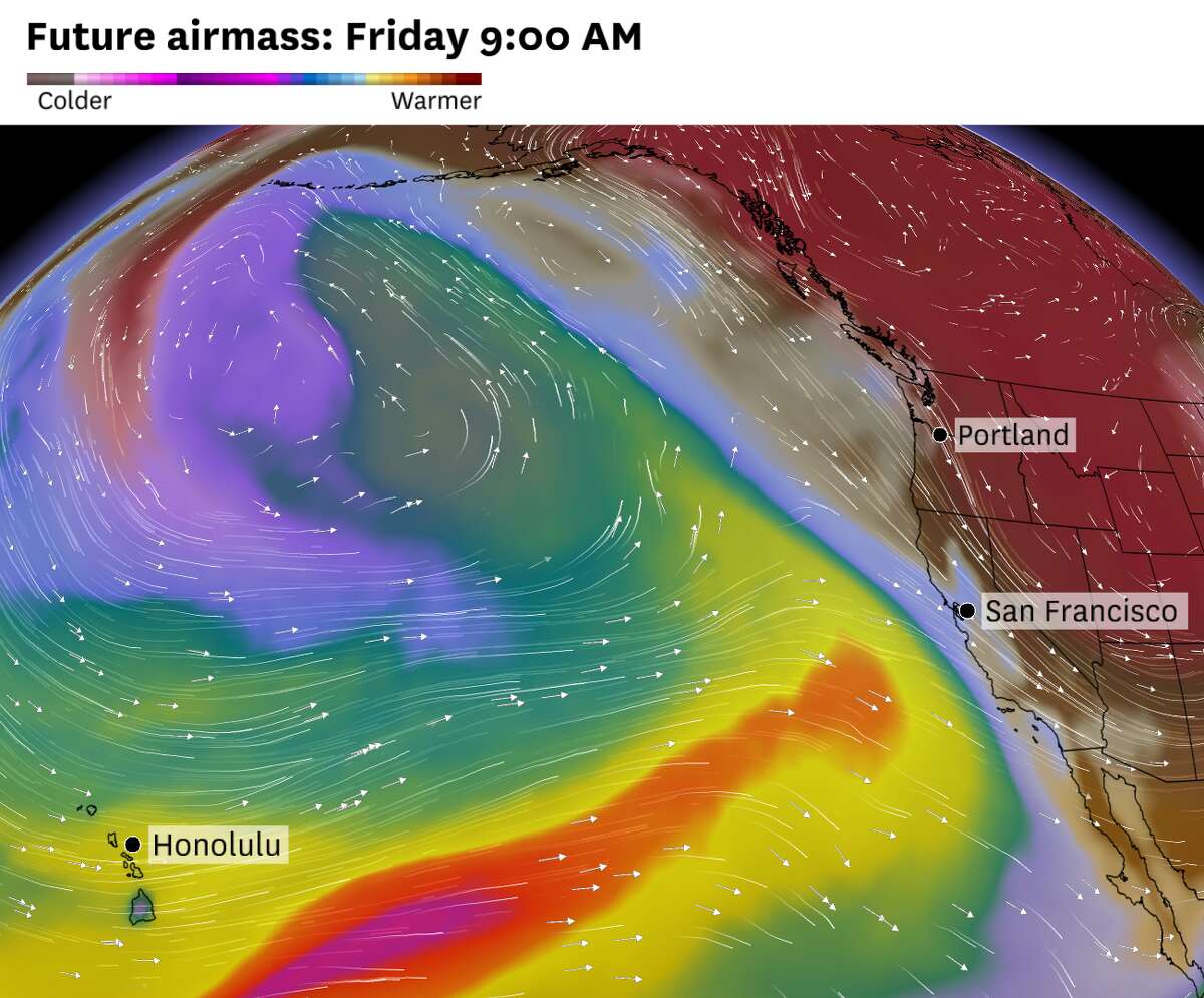 天气模型显示，夏威夷海岸将出现一股大气湿气。这艘“菠萝快车”将向加州输送大量水蒸气，本周末在整个州引发暴风雨。