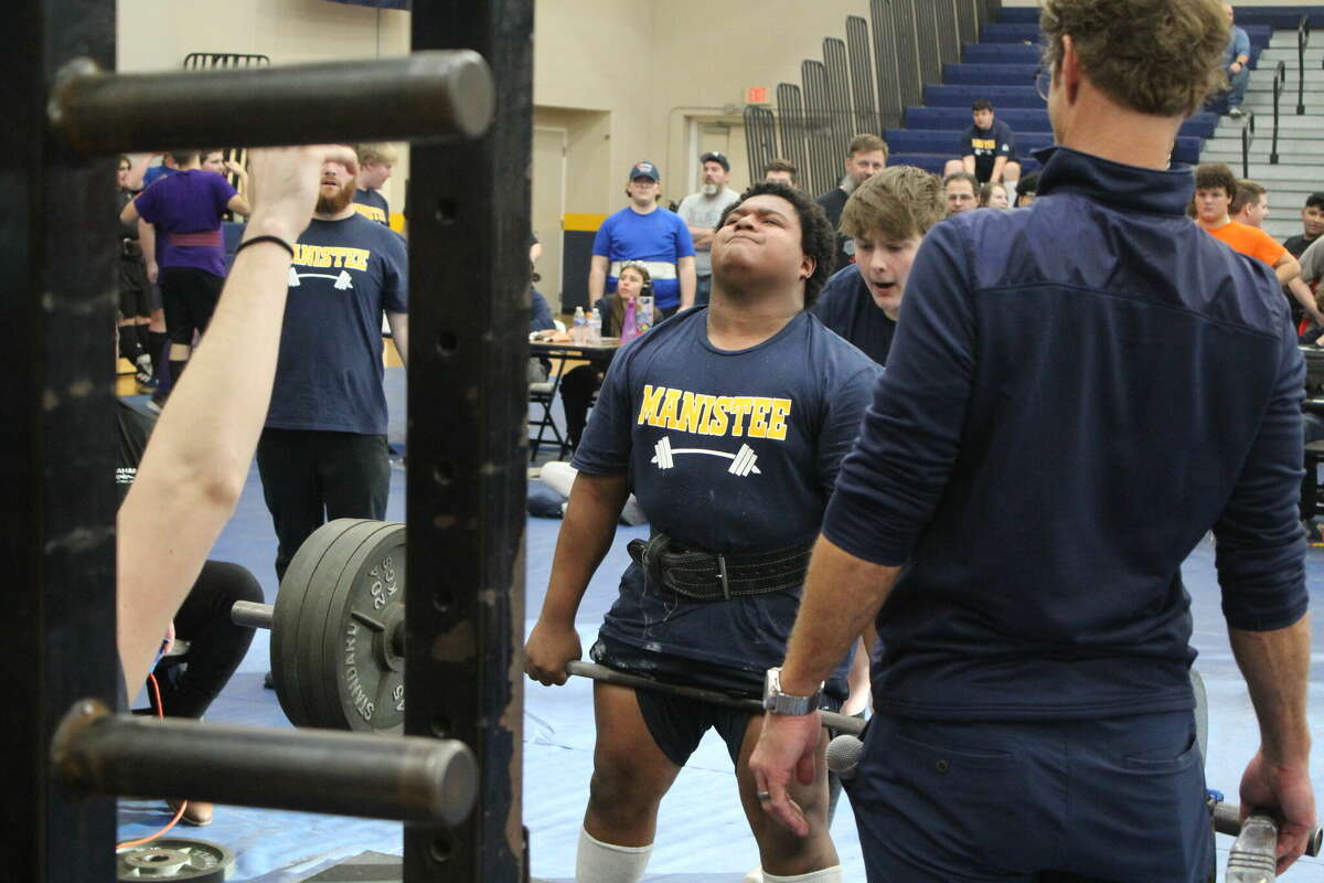Manistee's Isaiah Davis earned first place in the 242-pound weight class during the powerlifting state finals on March 4.
