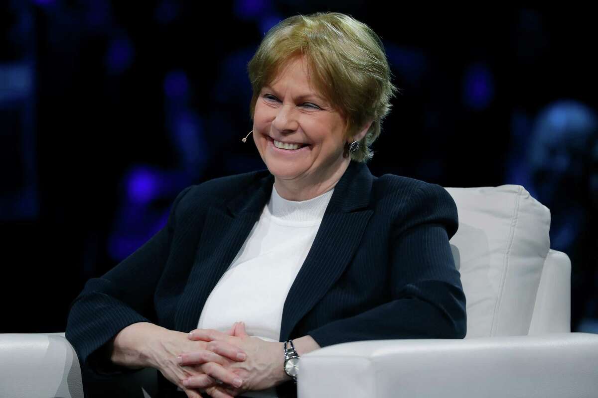 Vicki Hollub, President and CEO of Oxy, talks with moderator Walter Isaacson during their Voices of Innovation session at CERAweek 2023, held at the Hilton Americas and George R. Brown Convention center Monday, March 6, 2023 in Houston.