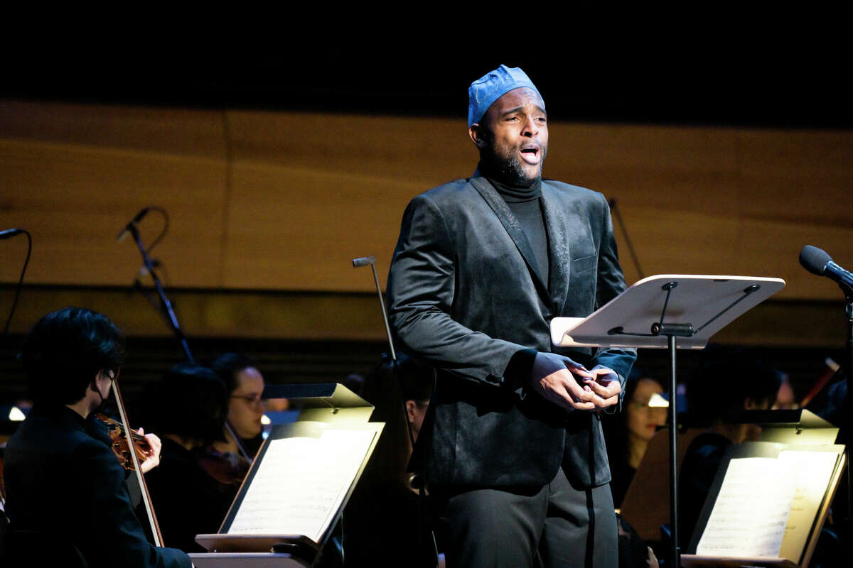 Leslie B. Dunner conducts the New York Philharmonic with New York Philharmonic Chorus performing Hailstork's "Done Made My Wow, A Ceremony" with Simon Estes (speaker), Ebony Spicer (Treble), Janiah Burnett (soprano), Rodrick Dixon (Tenor) and video art by Rasean DevontÃ© at David Geffen Hall. Also world premiere of Courtney Bryan and Tazewell Thompson's "Gathering Song with soloist Ryan Speedo Green (bass-baritone) performing, 3/2/2023. Photo by Chris Lee