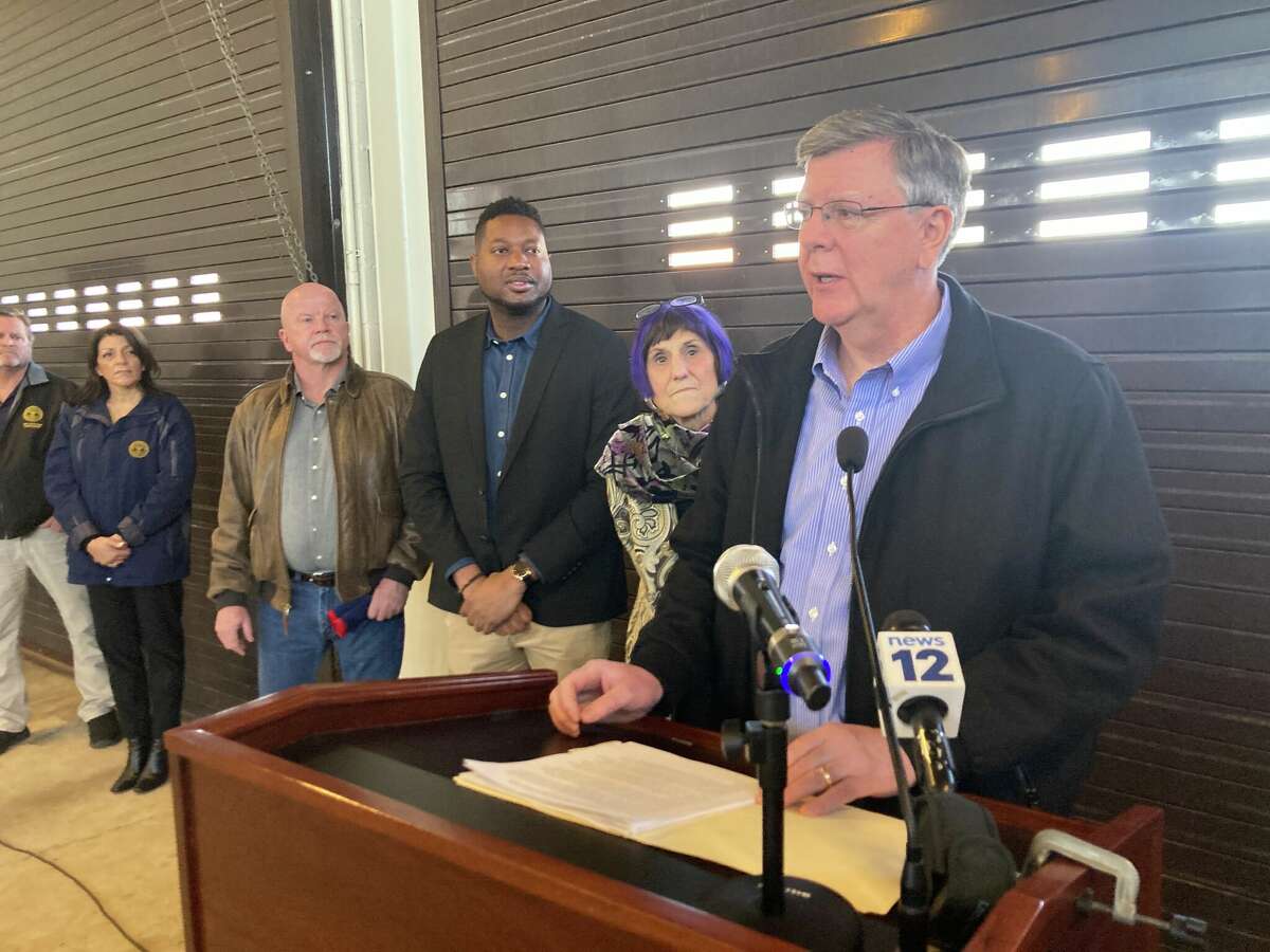 Stratford Town Engineer John Casey, flanked by U.S. Rep. Rosa DeLauro, state Senator Herron Gaston and state Rep. Joseph Gresko, during an event at the Water Pollution Control Facility.