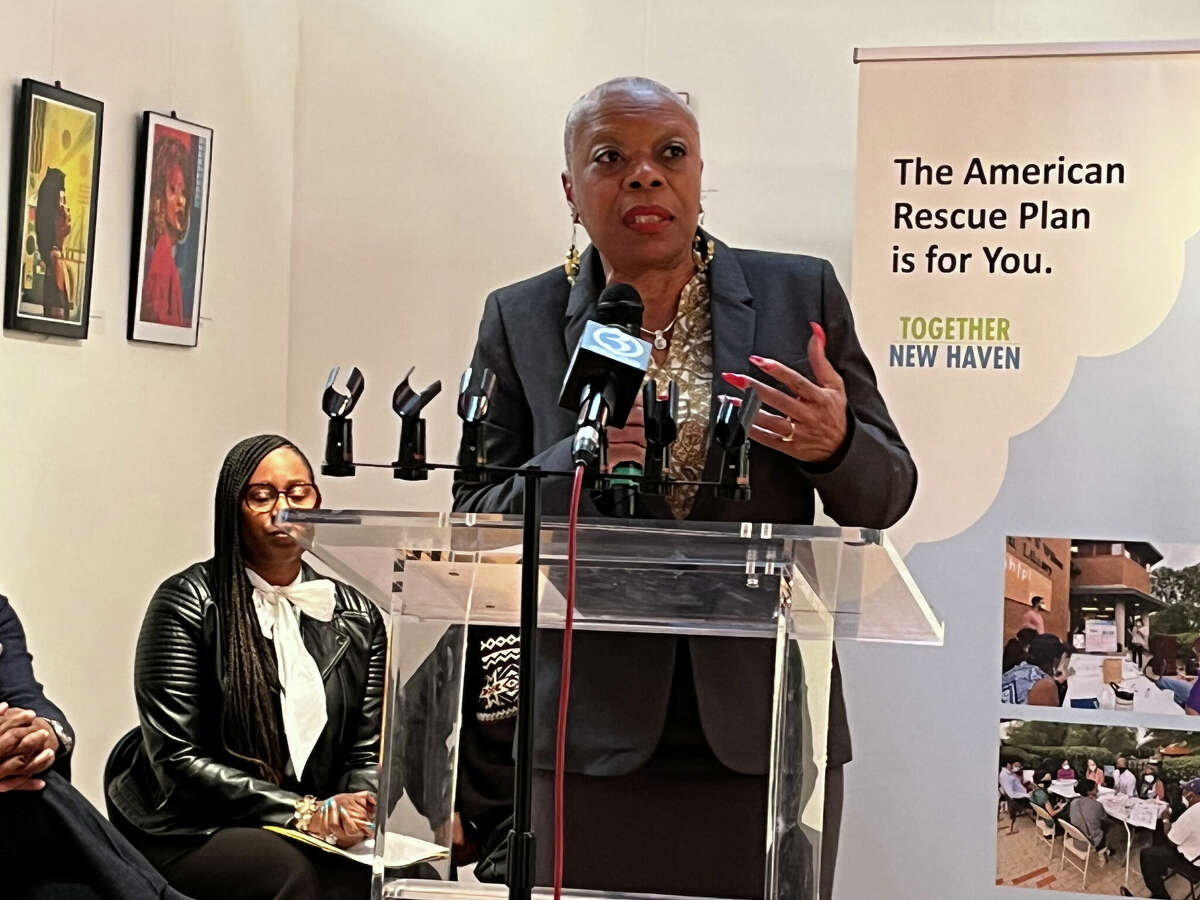 Shirley Ellis-West, executive director of the Urban Community Alliance, speaks at a press conference to announce the first round of grants under New Haven's Career Pathways Initiative on Monday.