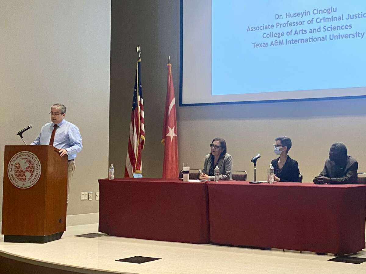 Dr. Huseyin Cinoglu, associate professor of Criminal Justice at TAMIU and a native of Turkey addressed the audience during the panel Turkey-Syria Relief Effort  presented on Tuesday, Feb. 28, 2023, at the TAMIU Student Center Auditorium.