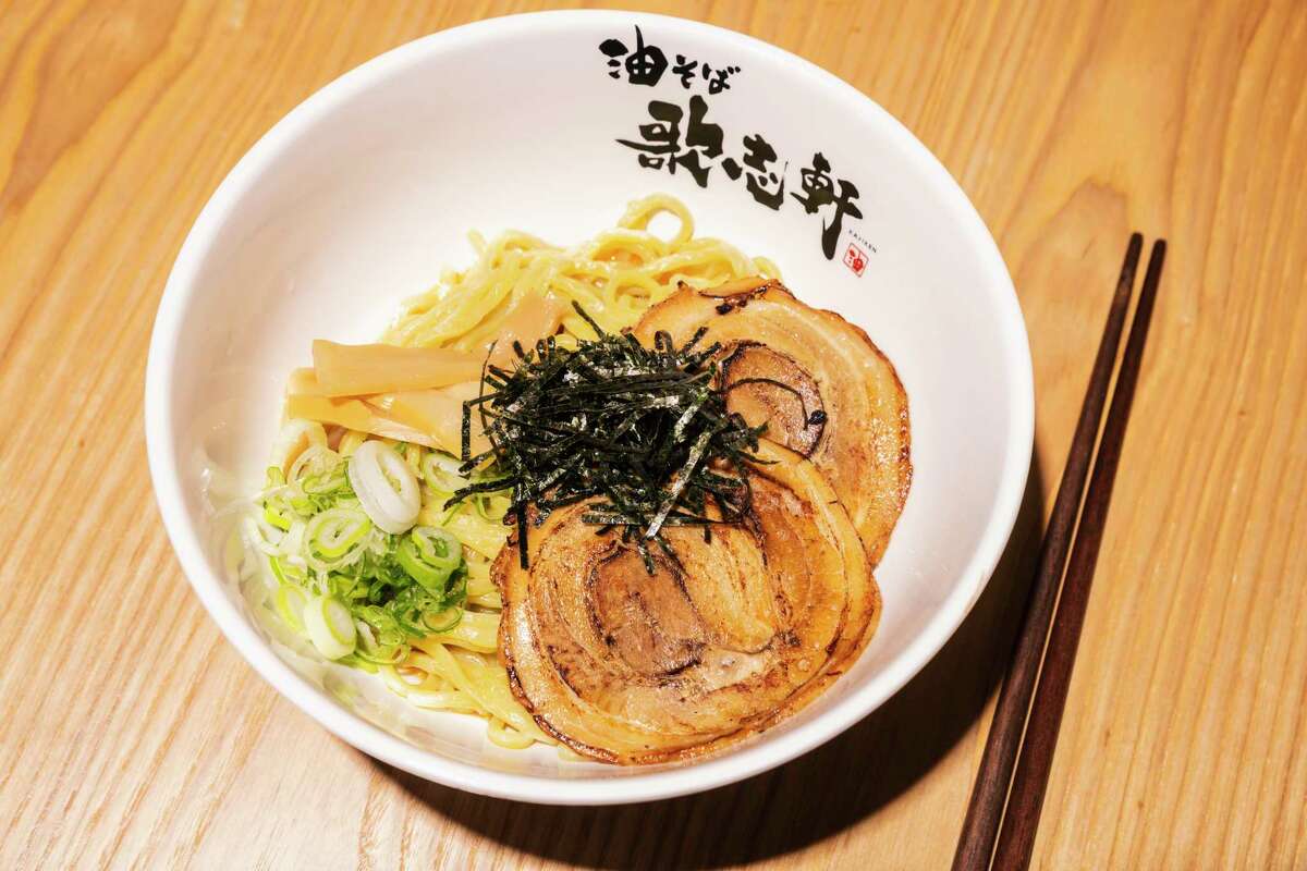 Kajiken's original abura soba with chashu, bamboo shoots, green onions and seaweed.