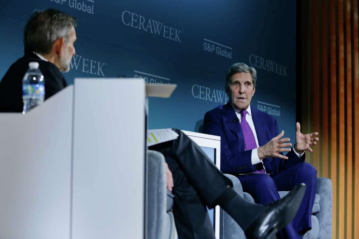 Carlos Pascual, left, moderates a discussion with John Kerry, special presidential envoy for climate at the US Dept. of State, during their session discussion at CERAweek 2023, held at the Hilton Americas and George R. Brown Convention center Monday, March 6, 2023 in Houston.