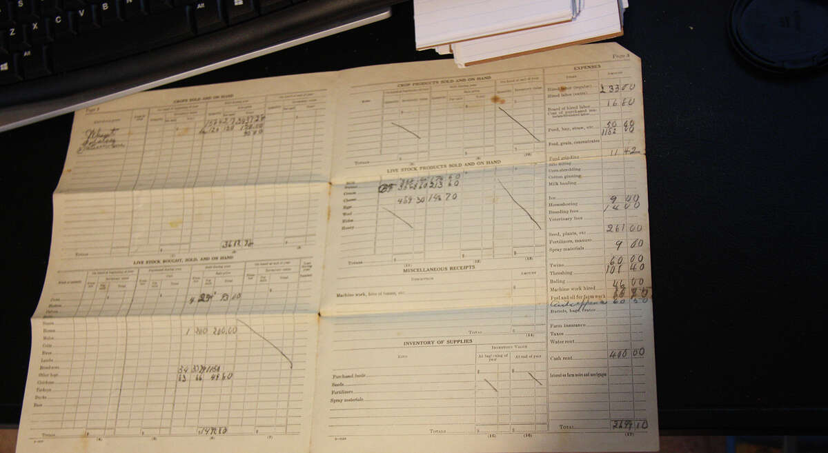 This is a copy of a 1918 Internal Revenue Service document detailing farm profits that the sisters Kim Hansen and Kris Straub, who operate a lavender farm north of Edwardsville, found fascinating.