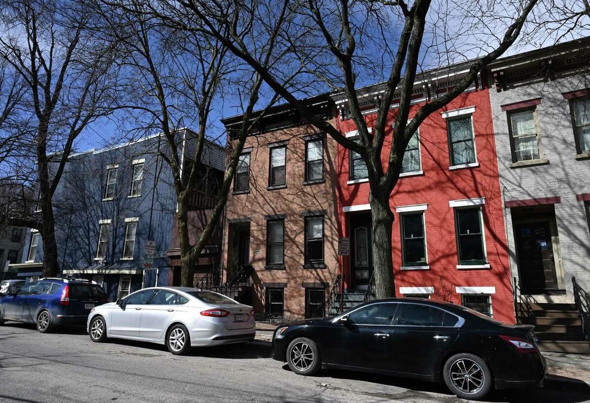 The Dove St. home, center left, where notorious gangster ‘Legs Diamond,’ was gunned down on Dec. 18, 1931, inside a bedroom on Tuesday, March 7, 2023, in Albany, N.Y. The home is owned by famed local author William Kennedy. It was recently listed it for sale.