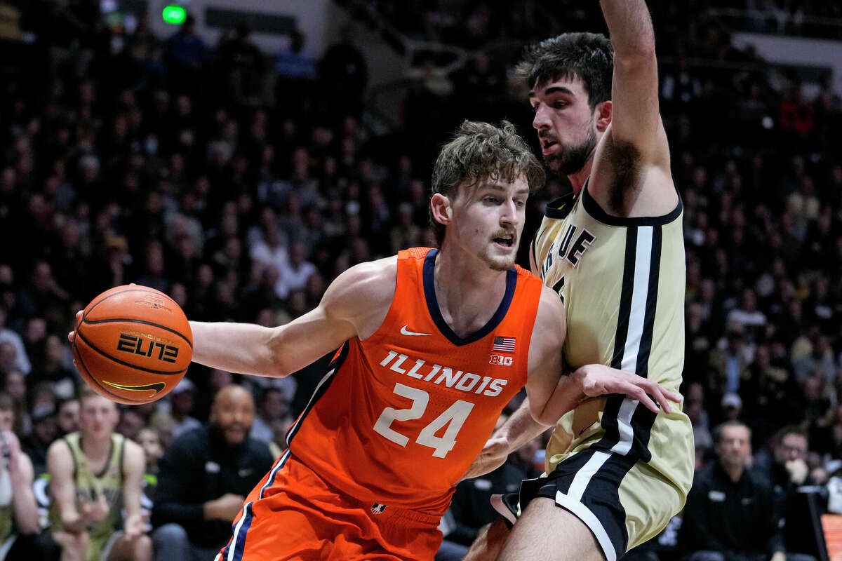 Illinois forward Matthew Mayer (24) was named Third Team All-Big Ten Tuesday. He is shown in action in his team's recent loss to No. 5 Purdue.