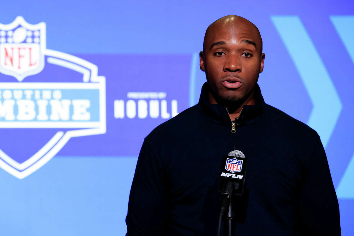 Head coach DeMeco Ryans of the Houston Texans speaks to the media during the NFL Combine at Lucas Oil Stadium on March 01, 2023 in Indianapolis, Indiana.