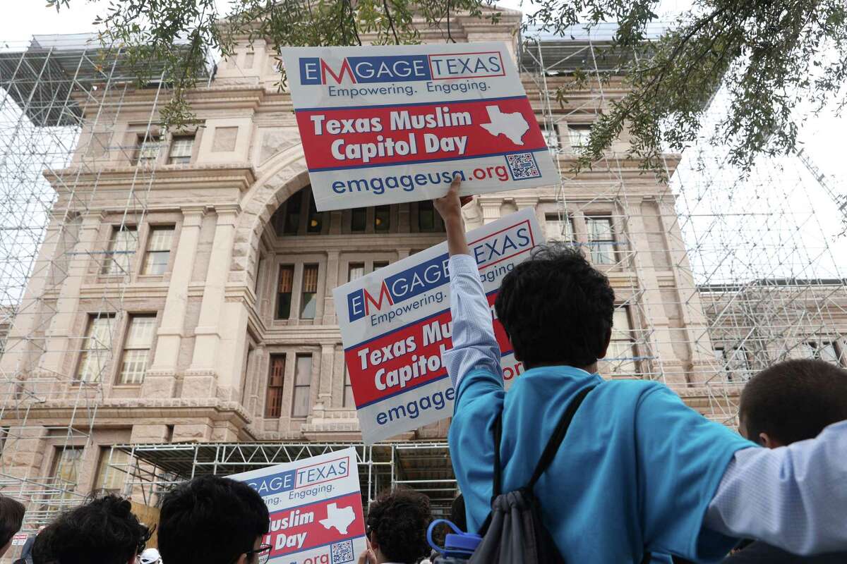 Students from the Houston Quran Academy join in the Texas Muslim Capitol Day at the State Capitol, Tuesday, March 7, 2023. It is the 20th anniversary of the event that is held to lobby the state legislature.