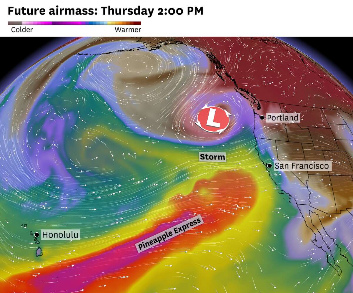 The American weather model’s rendering of the weather setup for Thursday, with a Pineapple Express flowing toward a storm that will ingest its moisture. That fueled-up storm will then dip south toward California, ushering in strong winds, heavy rain and snow to large portions of the state.
