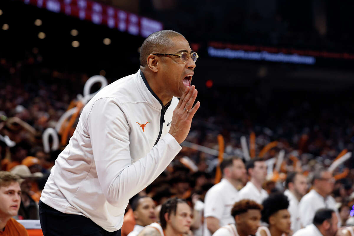 Texas Longhorns head coach Rodney Terry yells a play against the Oklahoma Sooners during the game at the Moody Center in Austin, TX on February 18, 2023.