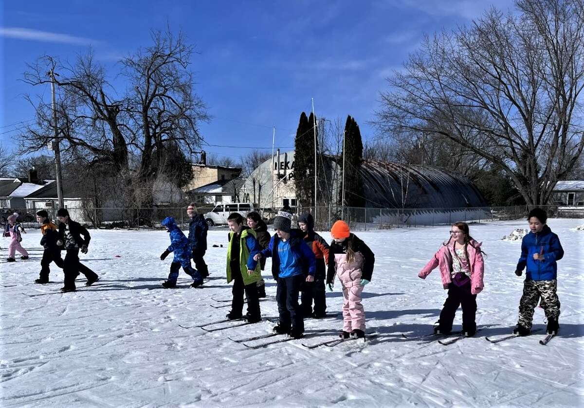 Elementary school students at Onekama Consolidated Schools learn to cross country ski March 1 through the Crystal Community Ski Club's Nordic Rocks program.