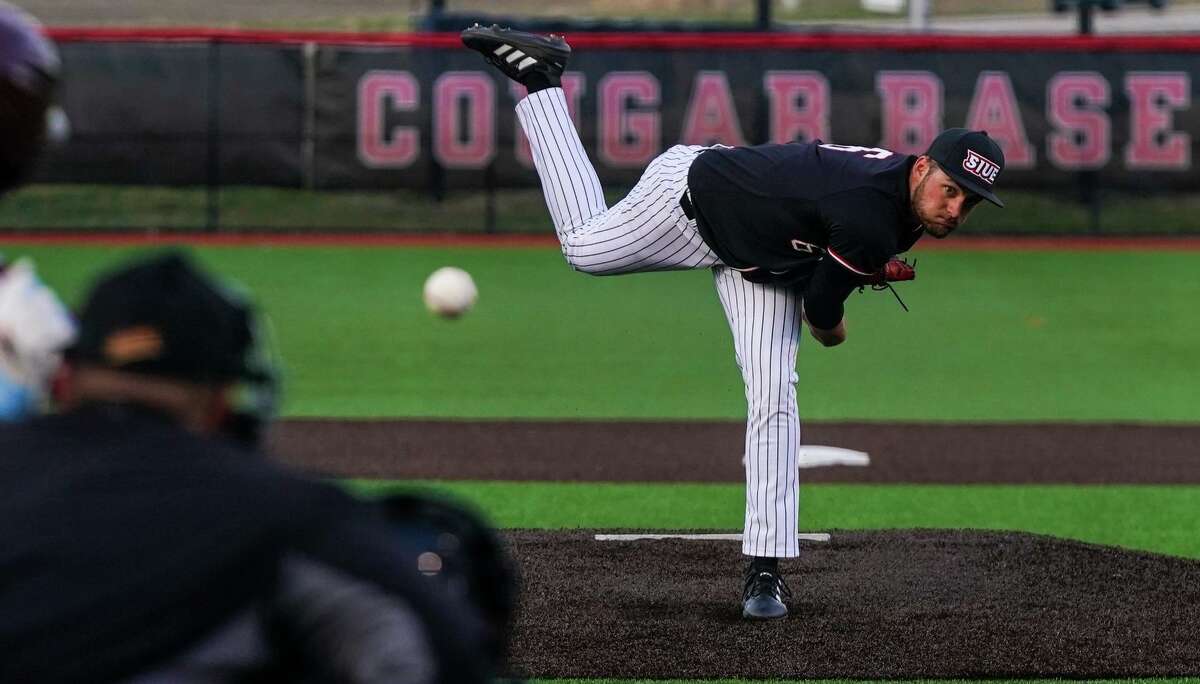 SIUE pitcher Tyler DeLong delivers a pitch at Simmons Complex in the Cougars' 5-4 win over SIUC on Tuesday. 
